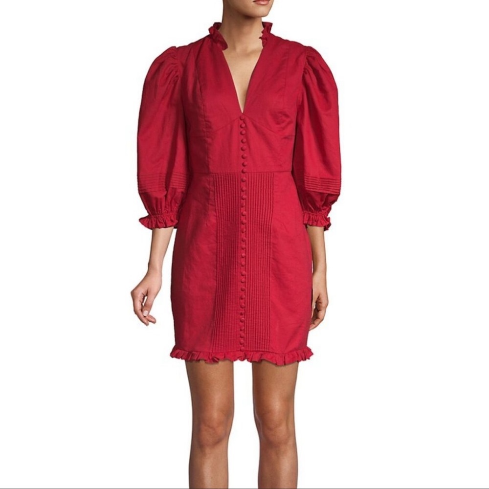 Haute Rogue Puff-Sleeve Cotton Linen-Blend Dress Red